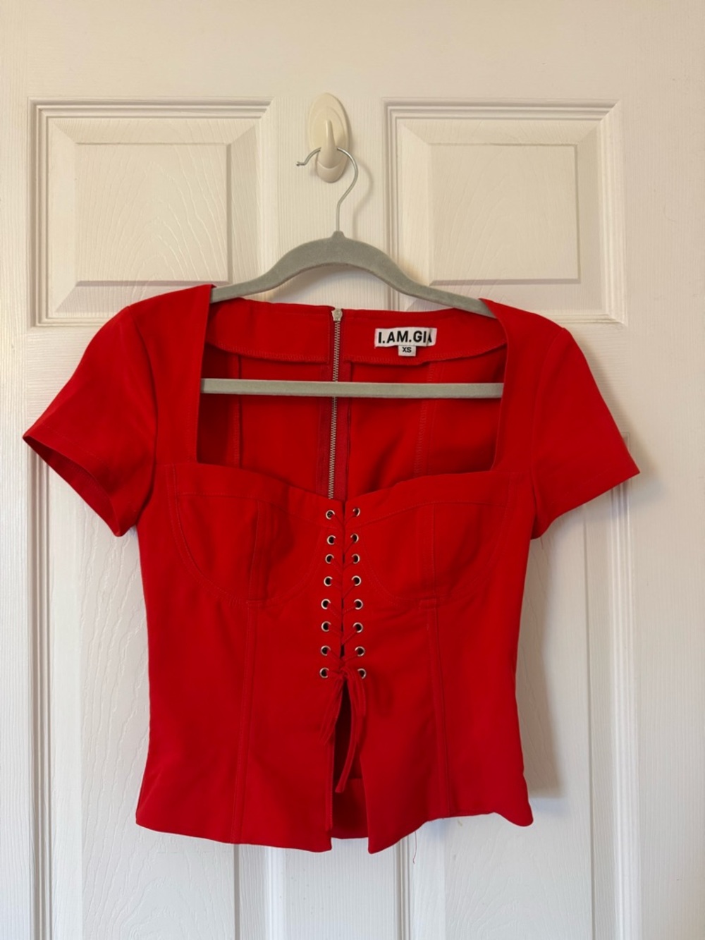 I.AM.GIA Red Short-Sleeve Lace-Up Corset Top